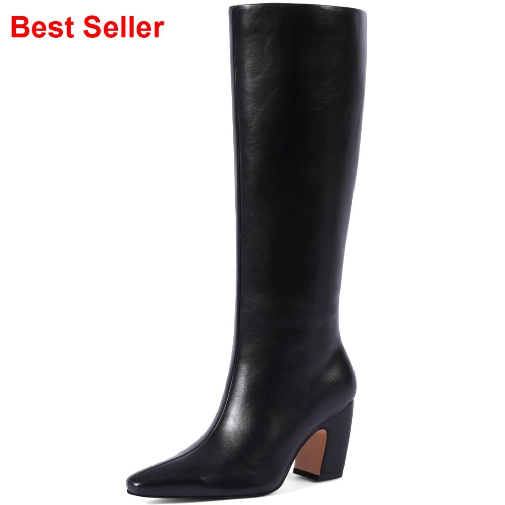 Knee High Boots Square Toe Faux Leather Chunky Heel Riding Fashion Boots